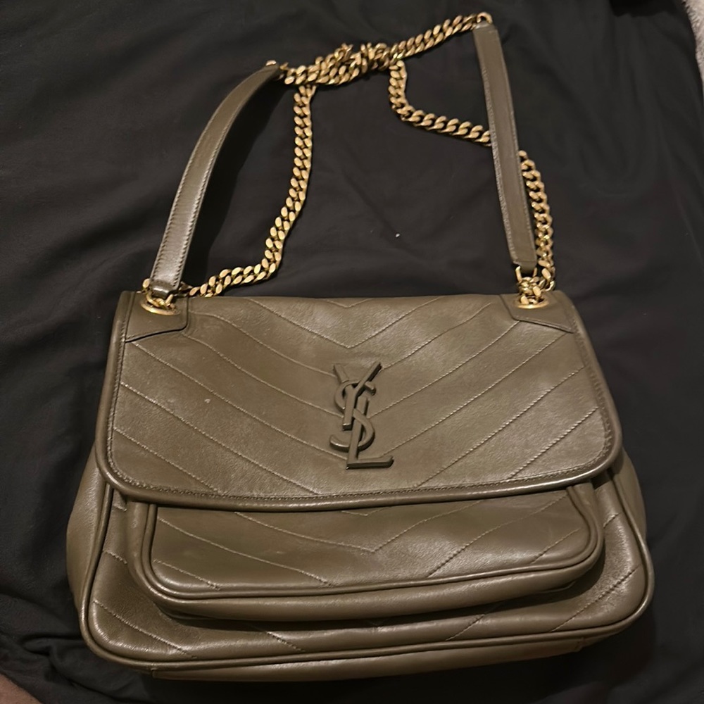 Niki Medium YSL Monogram Flap Shoulder Bag in Khaki